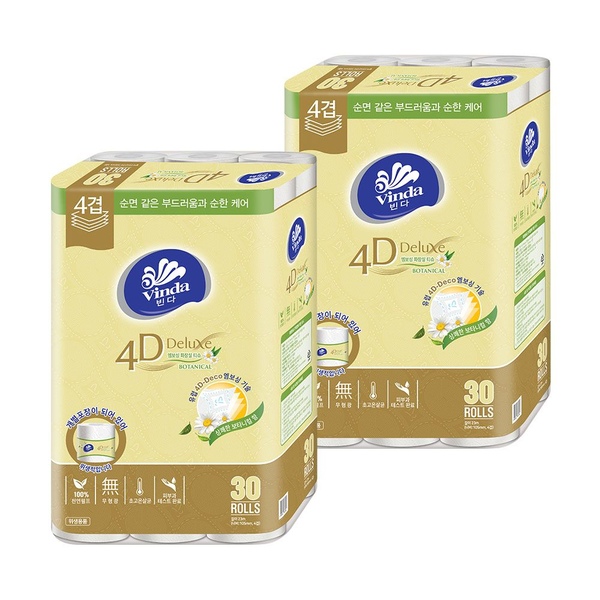 빈다 4D Deluxe 엠보싱 보타니컬 롤화장지 4겹, 23m, 30롤, 2팩
