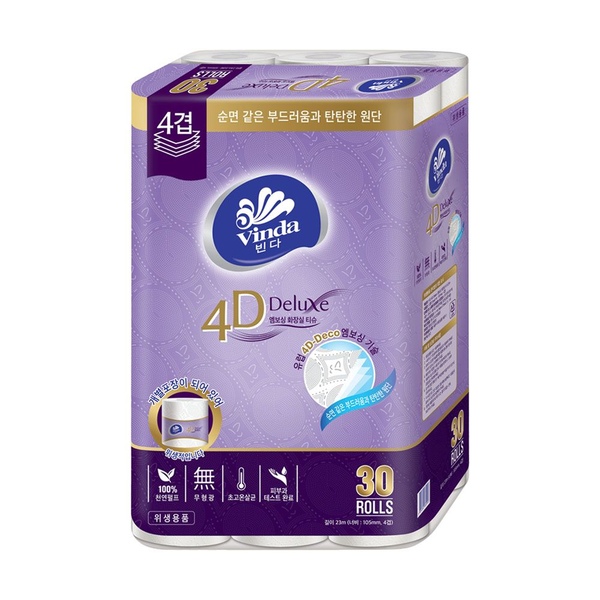 빈다 4D Deluxe 엠보싱 롤화장지 4겹, 23m, 30롤, 1팩