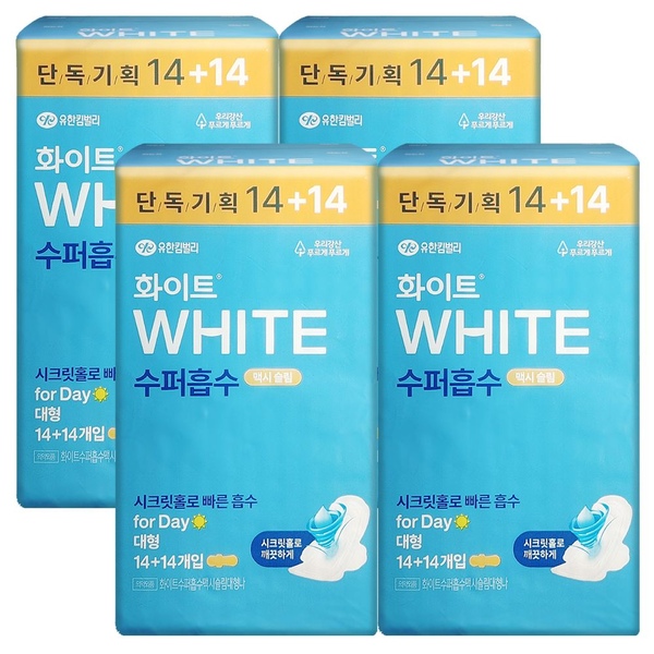 화이트 생리대 수퍼흡수 슬림 대형 14+14매 X 4팩 날개형