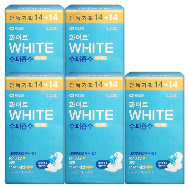 화이트 생리대 수퍼흡수 슬림 대형 14+14매 X 5팩 날개형
