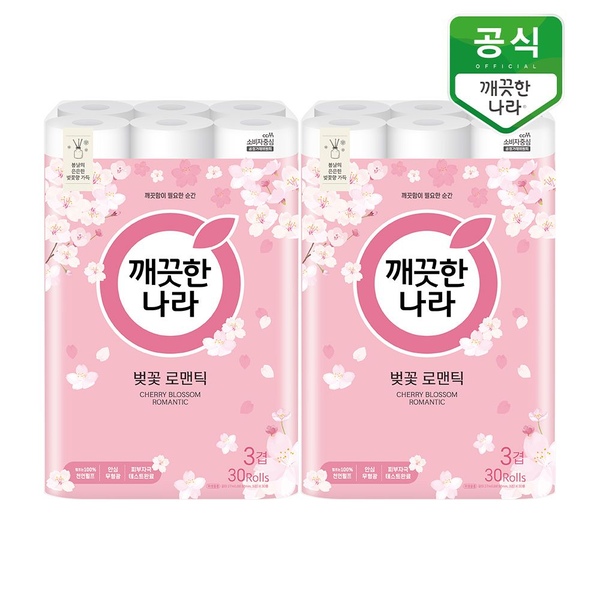 깨끗한나라 벚꽃 로맨틱 3겹 롤화장지 27m 30롤 x 2팩