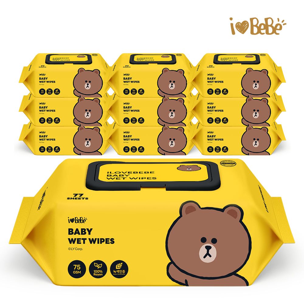 아이러브베베 라인프렌즈 브라운 레이온100% 75g 77매 10팩 캡형 아기물티슈