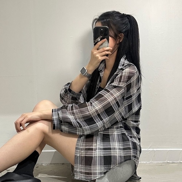 오버핏 시스루 체크 남방 셔츠 3color 레이어드 루즈핏 긴팔 벌룬 난방 시원한 T111