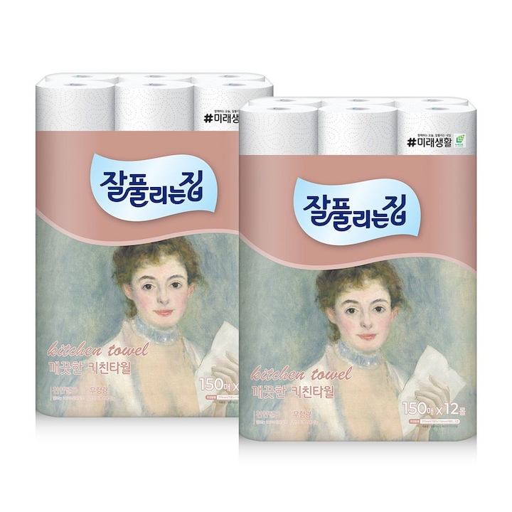 [오늘의집] 잘풀리는집 [오늘의집 단독] 잘풀리는오늘의집 키친타월 150매 12롤 * 2팩 (총 24롤)