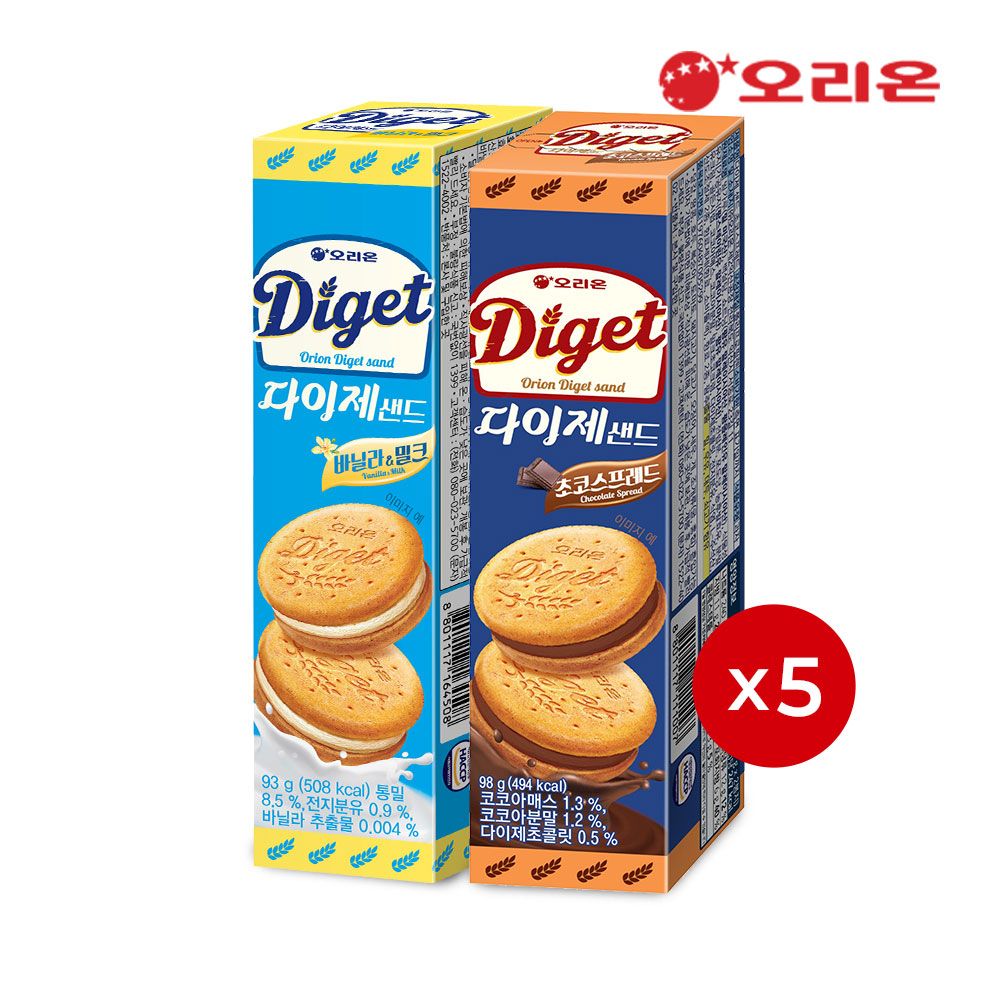 오리온 다이제샌드 바닐라밀크 2p(93g) 5개+초코스프레드(98g) 5개
