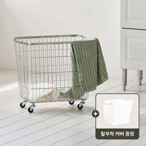 [오늘의집 단독] 플레인 스텐 빨래 바구니 이동식 세탁 바스켓 철제 틈새 수납 트롤리