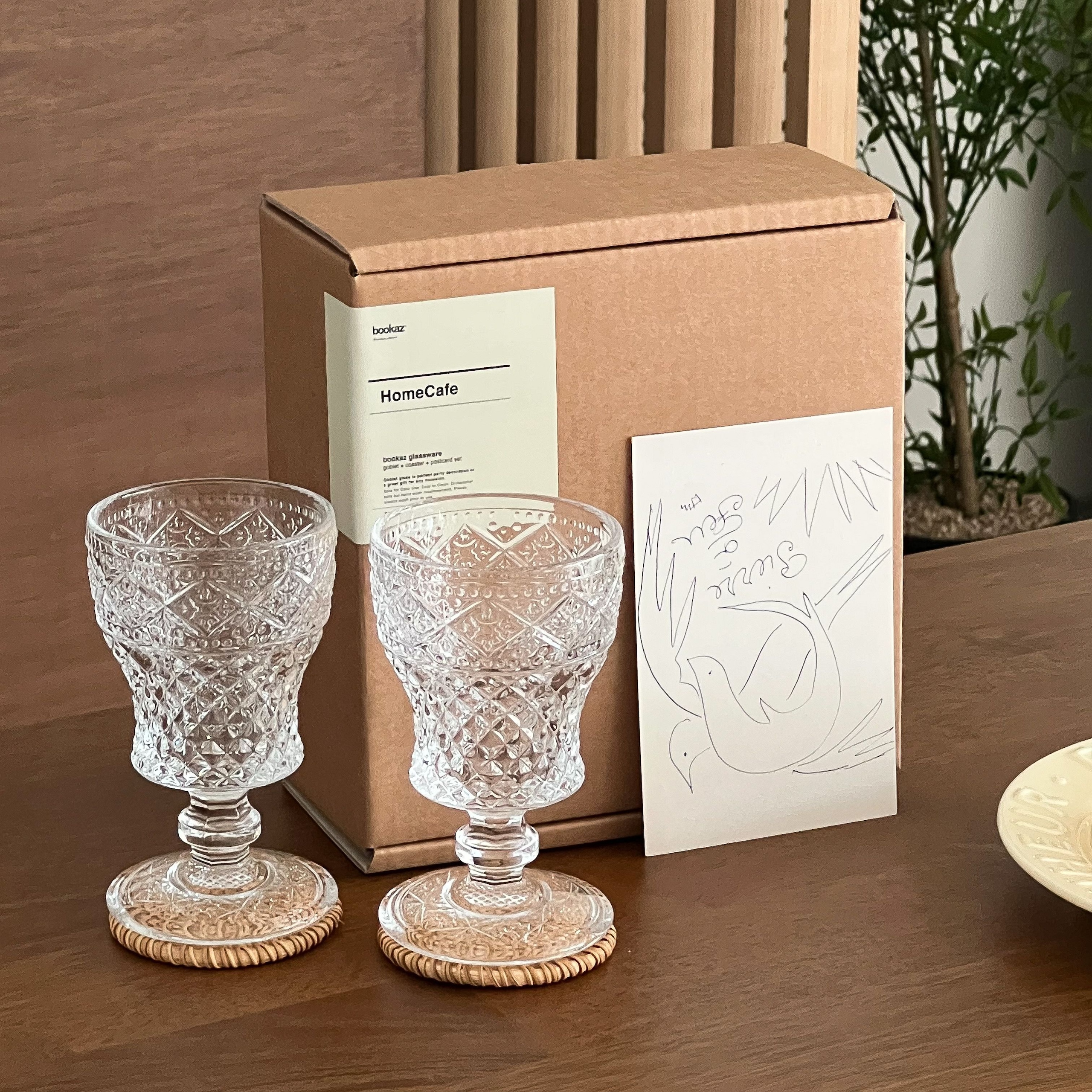 부카즈 홈카페 고블렛잔 set(고블렛2p+라탄코스터2p+엽서)