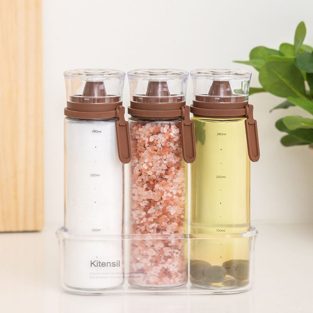 오늘의집 시노글라스 메이플 우드 양념통/오일병 300ml 6p세트 (행택+트레이)