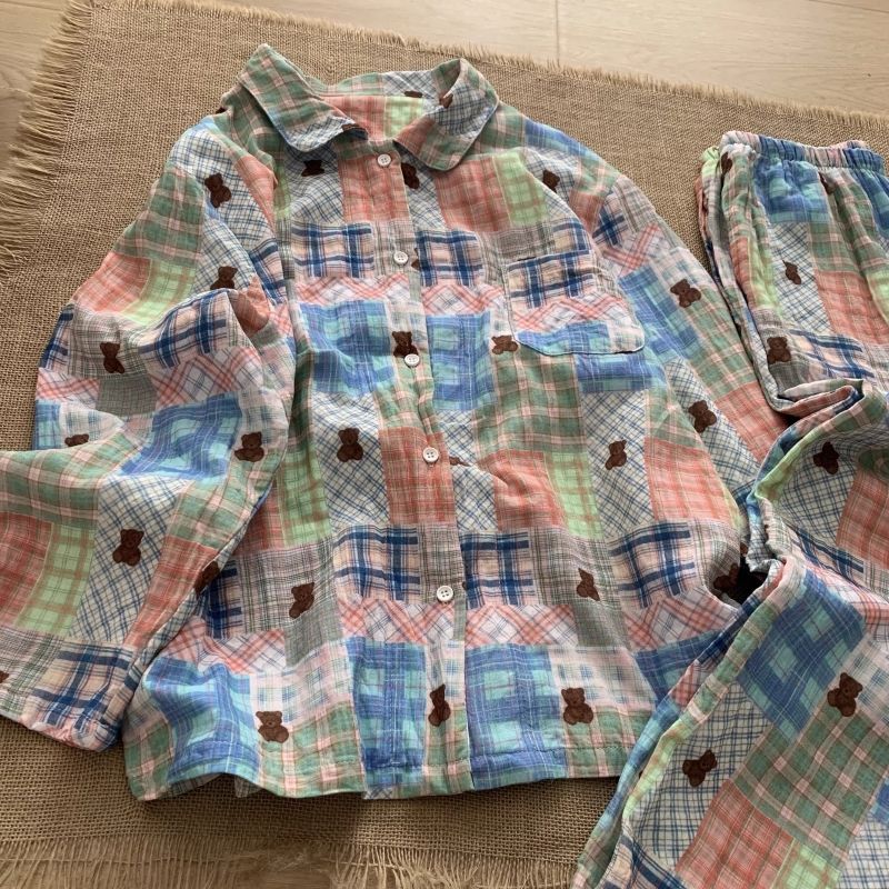 핑크우드 빈티지 퀄트 베어 체크 순면 사계절 긴팔 홈웨어 세트 1color - 최저가 30,900원
