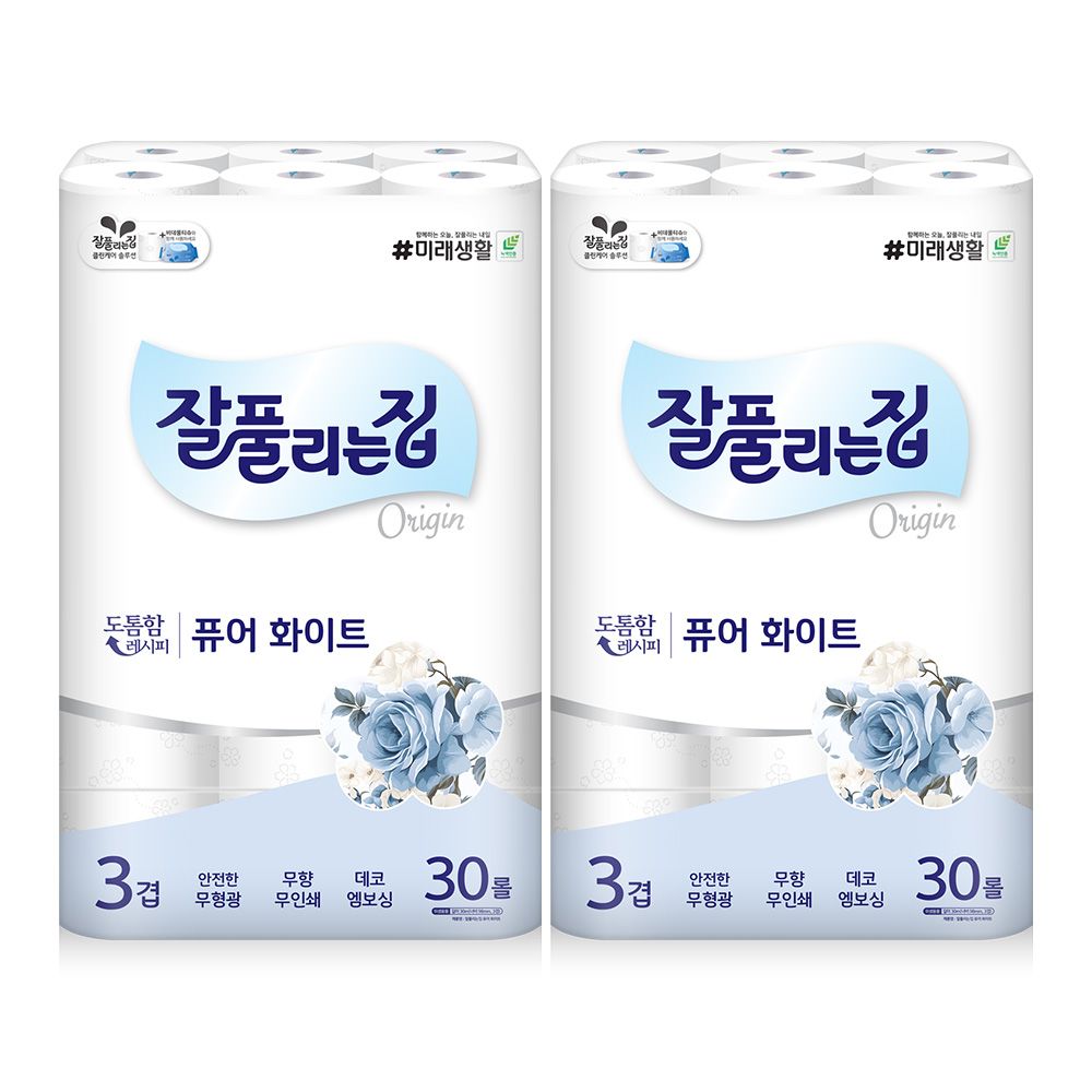 오늘의집 잘풀리는집 퓨어화이트 3겹 화장지 30M x 30롤 x 2팩