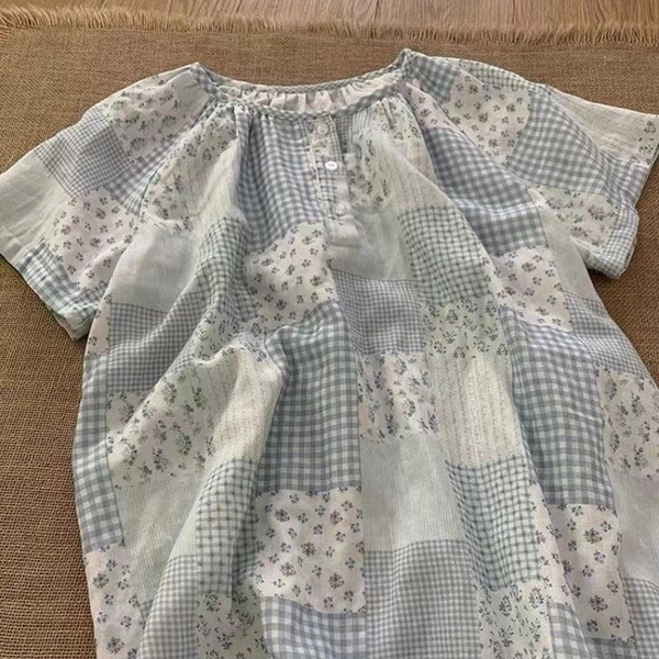 반팔 잠옷 원피스 순면 코티지 퀄트 체크 여름 홈웨어 1color