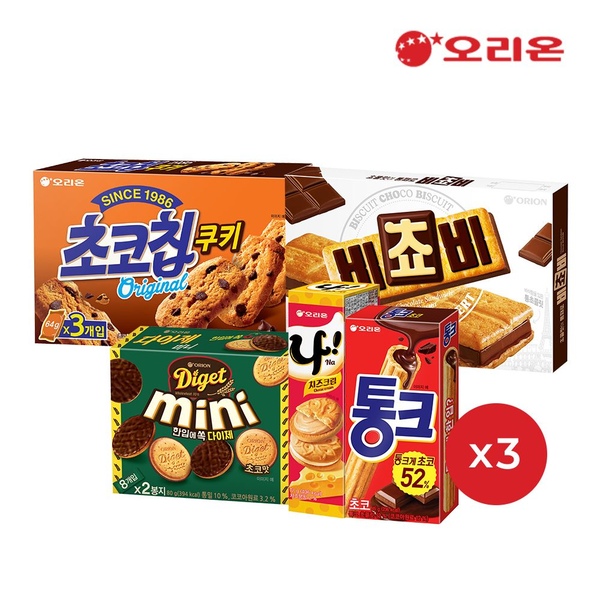 초코칩쿠키 3개 + 나샌드 3개 + 비쵸비 3개 + 다이제미니초코 3개 + 통크 3개