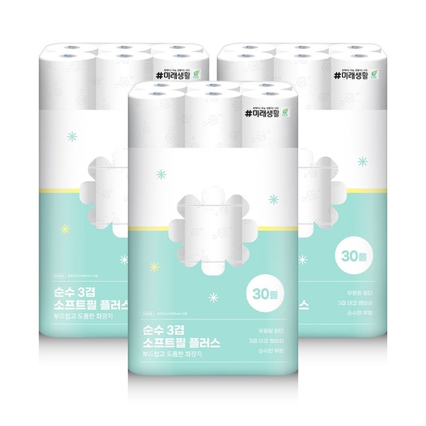 순수3겹 소프트필플러스 화장지 25m 30롤 x 3팩 (90롤)