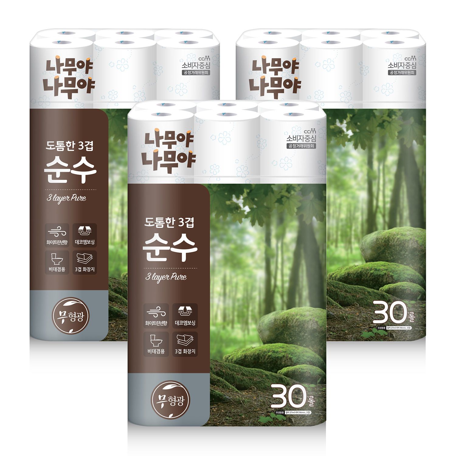 잘풀리는집 나무야나무야 도톰한3겹 순수 27m 30롤 x 3팩 (90롤)