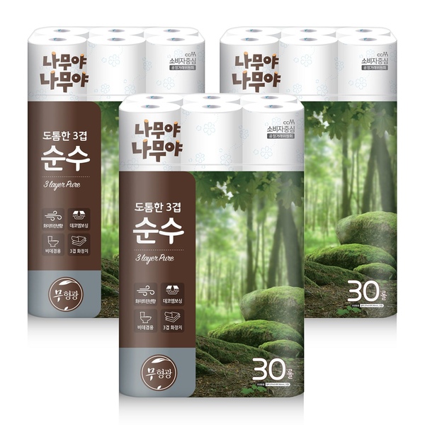 나무야나무야 도톰한3겹 순수 27m 30롤 x 3팩 (90롤)