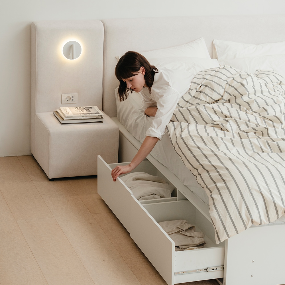 먼데이하우스 호텔 아뜰리에 LED 패브릭 빅서랍 수납침대 프레임 SS/Q/K/LK