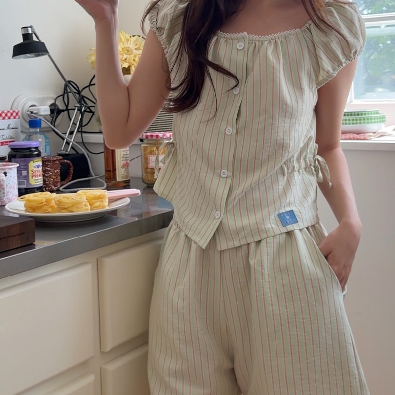 H made 세라온 스트라이프 셔링 리본 민소매 여성잠옷 여름 파자마세트 홈웨어2color