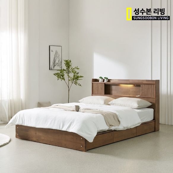 엘린 템바보드LED 서랍형 빅수납 원목침대 프레임매트리스S/SS/Q/K