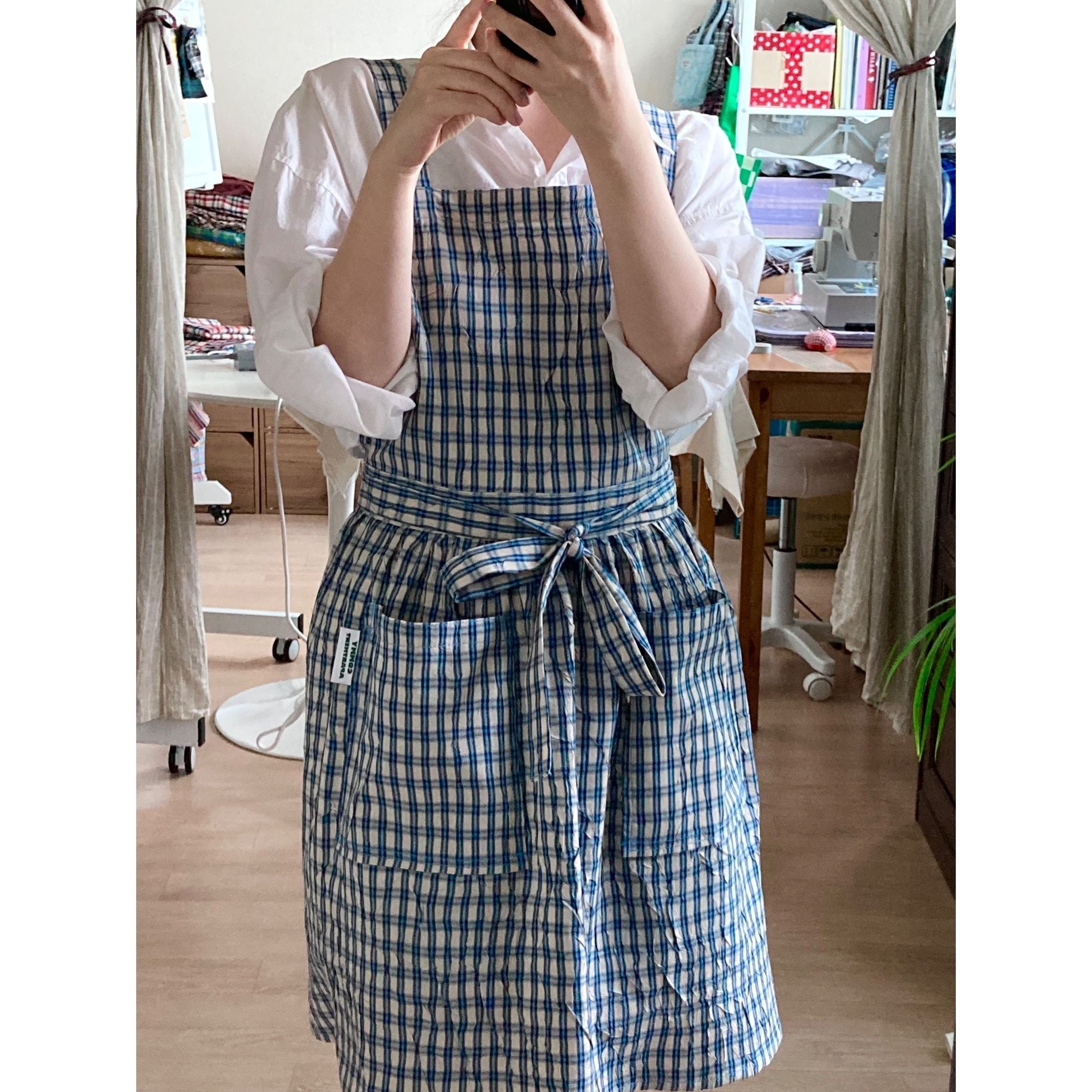 컴미아파트 Handmade 블루체크 홈 카페 공방 앞치마 2종