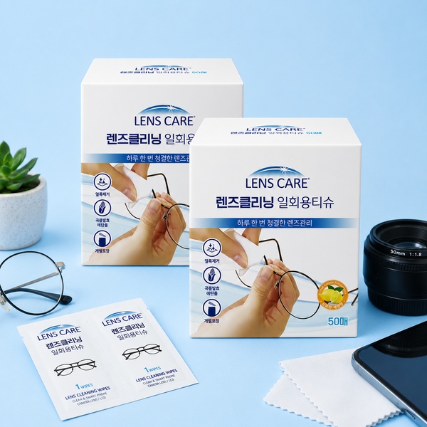 렌즈케어 렌즈클리너 일회용티슈 50매 2팩 안경닦이 모니터 핸드폰액정 카메라 다목적 클리너