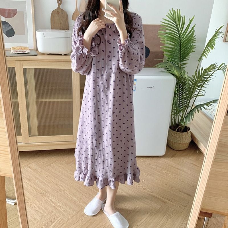 핑크우드 러블리 하트 프릴 사계절 긴팔 파자마 롱 원피스 3color