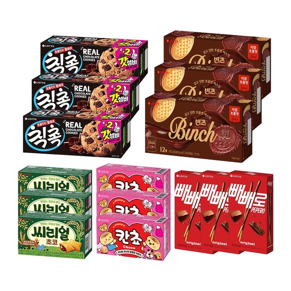 롯데웰푸드 인기초코팩 빈츠3+씨리얼3+칙촉3+칸쵸3+빼빼로3