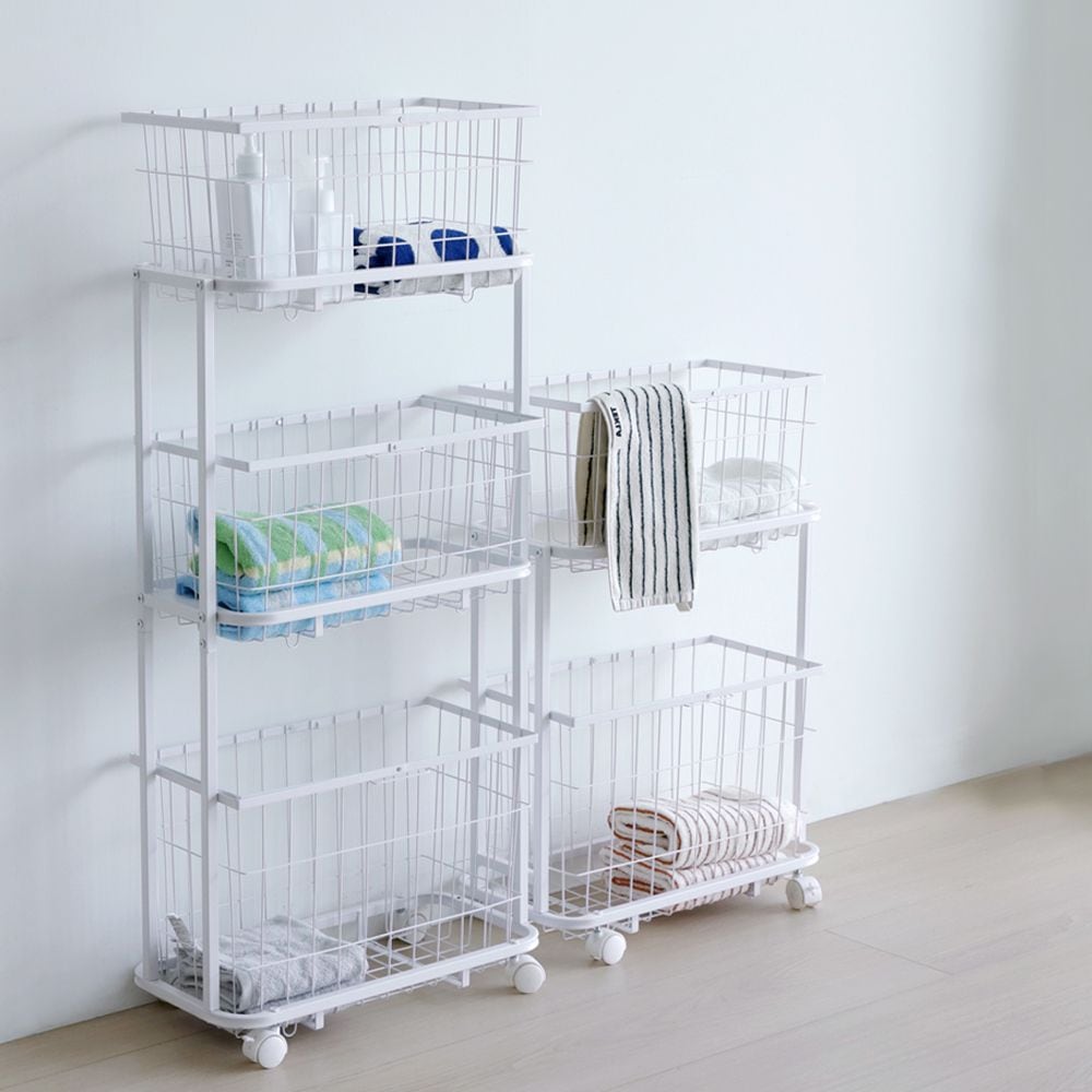 하우스플랜온 타워 화이트 철제 이동식 빨래바구니 2단/3단 분리형 슬림 틈새 트롤리 세탁실 대용량