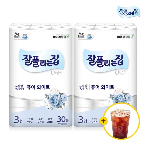 [메가커피 기프티콘증정] 퓨어화이트 3겹 화장지 30M x 30롤 x 2팩