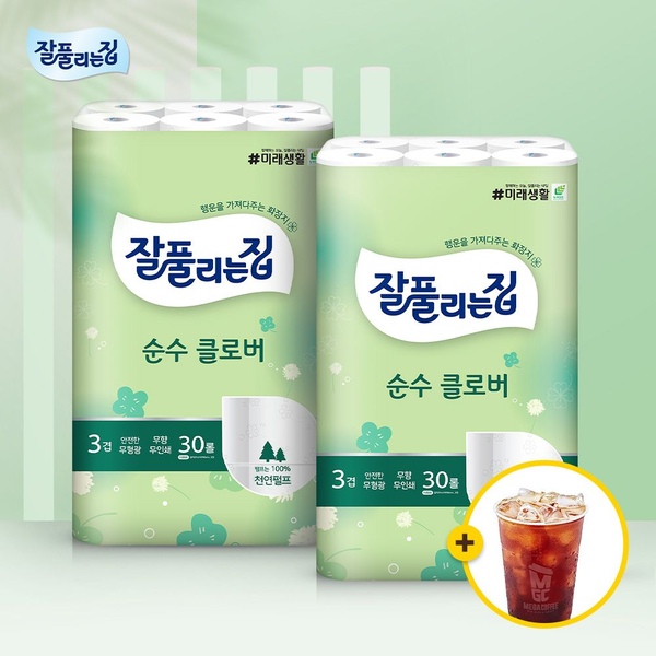 [메가커피 기프티콘증정] 순수클로버 천연펄프 화장지 27m x 30롤 x 2팩