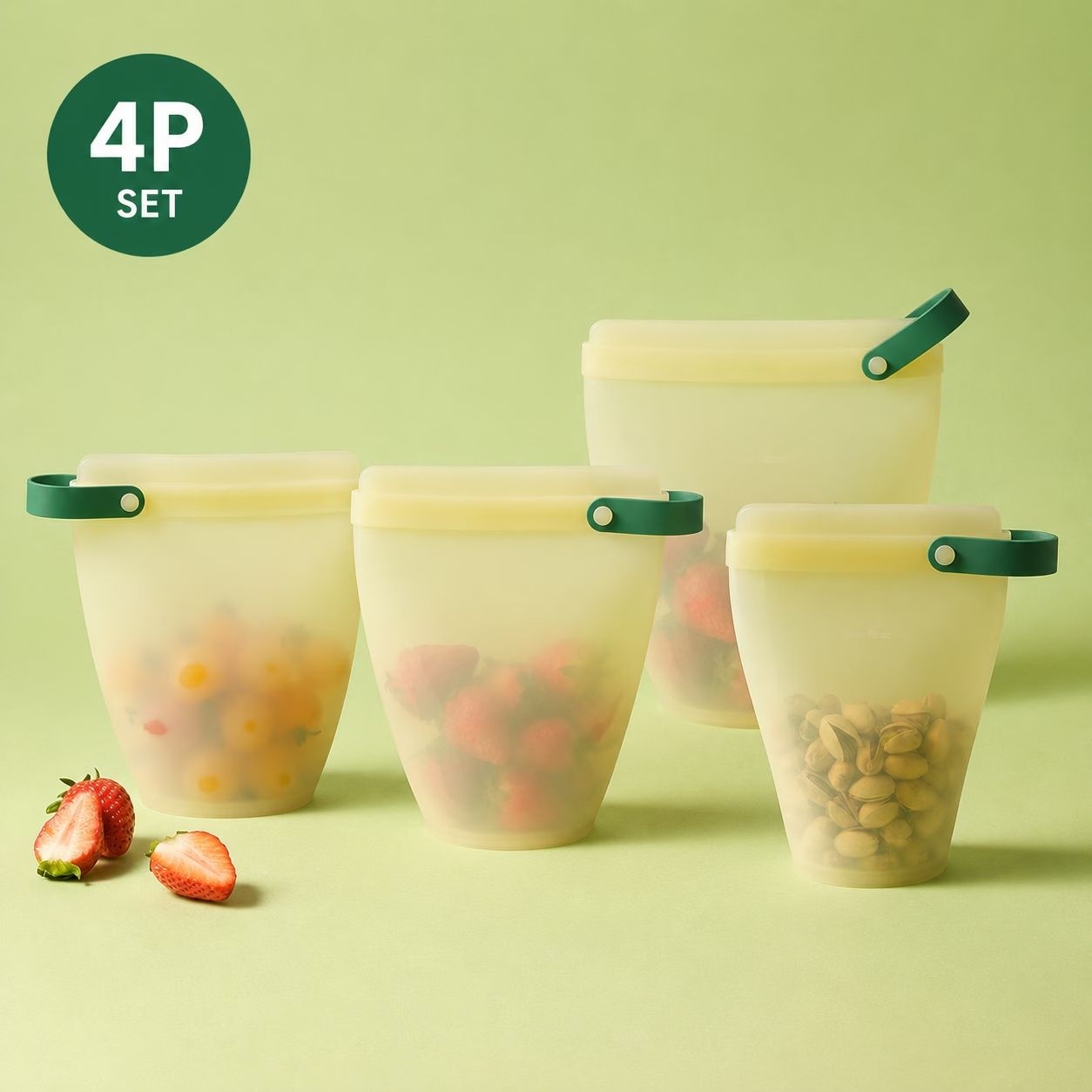 바로한끼 실리콘 지퍼백 컵형 4P세트(400ml+700ml*2+1.1L)