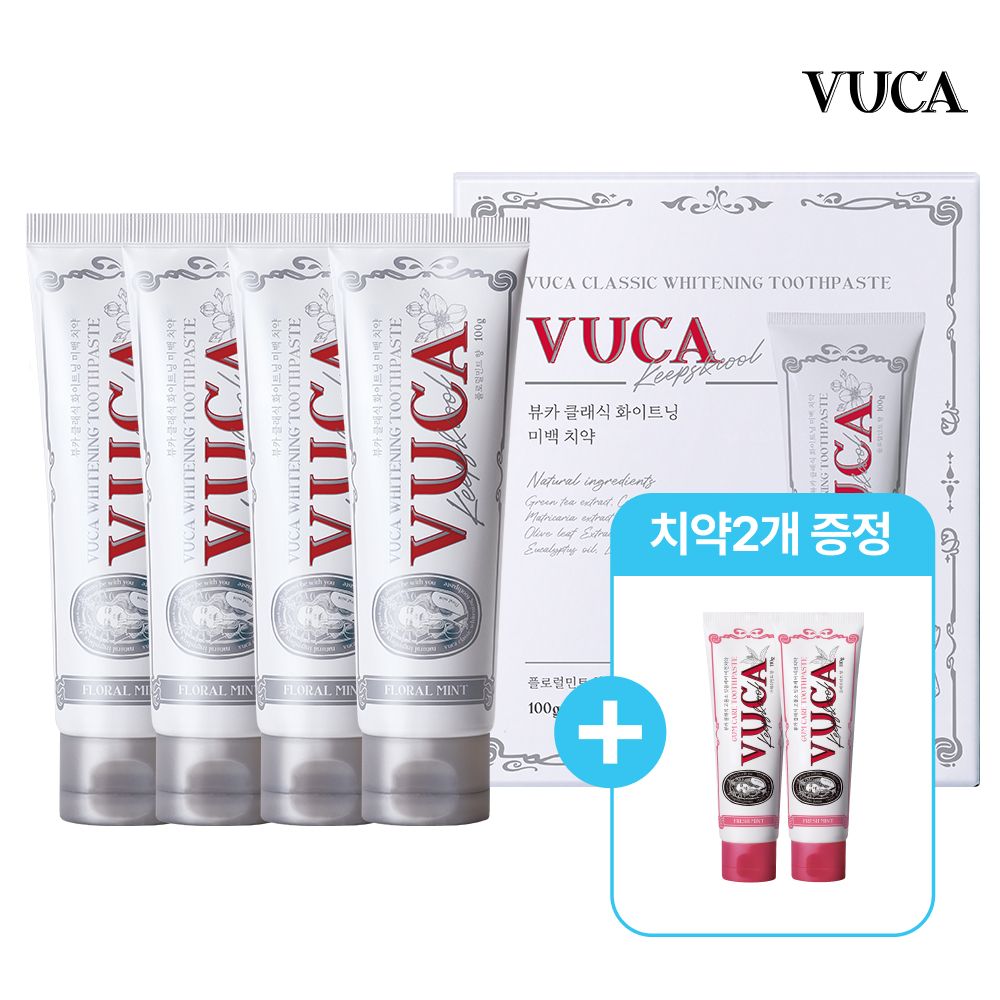 뷰카 비건 클래식 화이트닝 미백치약 플로럴민트향 100g 4개+잇몸케어 치약 2개 증정 - 최저가 13,500원