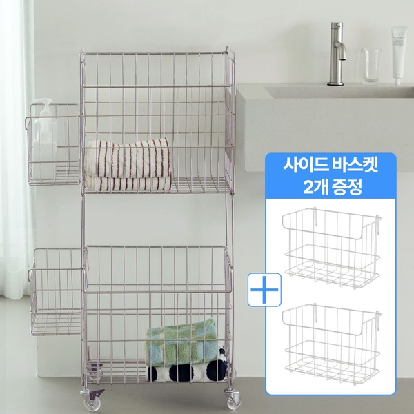 올304스텐 2단 대용량 이동식 트롤리 세탁 빨래바구니(사이드바스켓1+1증정)3인가족대용량