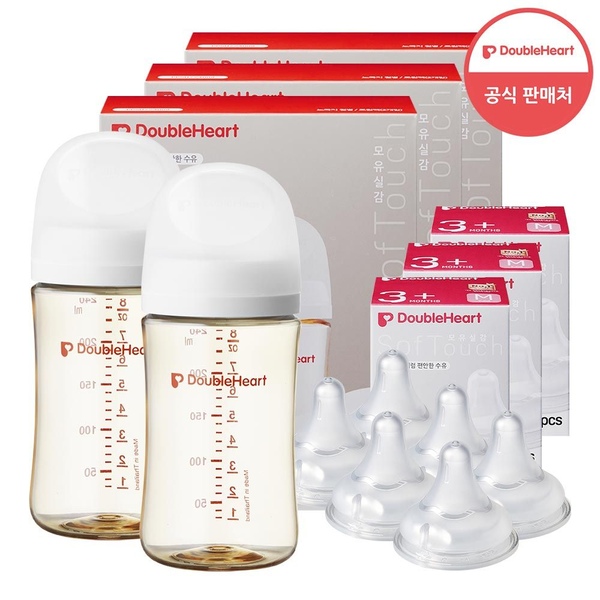 더블하트 3세대 240ml 베이직/모먼트 트윈팩 3개(젖병6개)+젖꼭지 6개