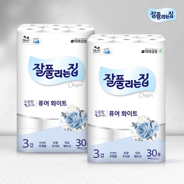 퓨어화이트 3겹 화장지 30m x 30롤 x 2팩
