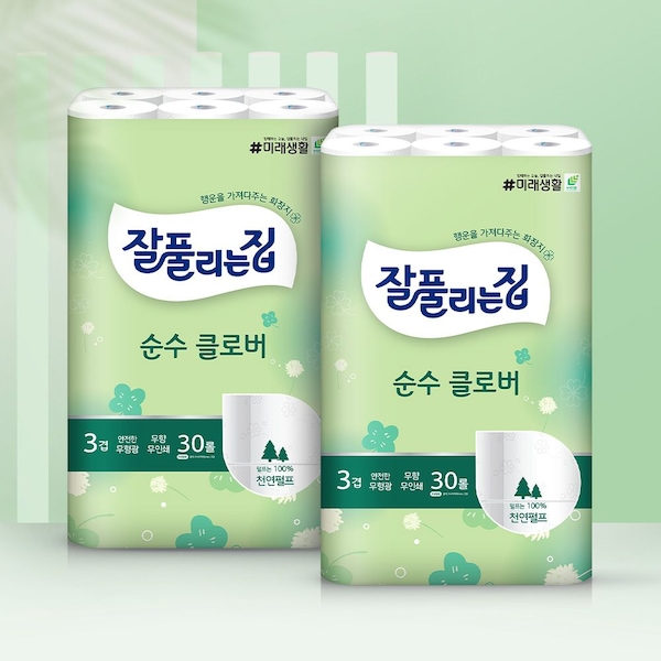 순수클로버 천연펄프 화장지 27m x 30롤 x 2팩
