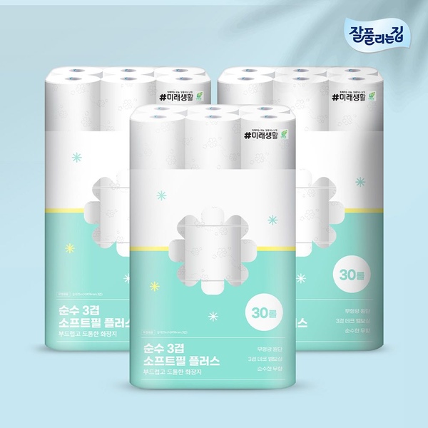 순수3겹 소프트필플러스 화장지 25m 30롤 x 3팩 (90롤)