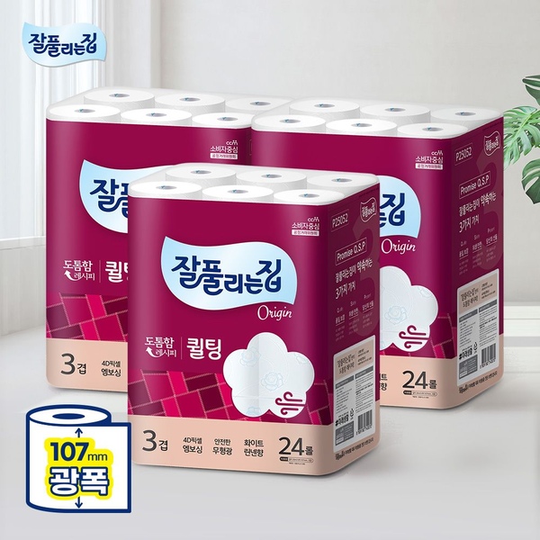 잘풀리는집 퀼팅 3겹 광폭(107mm) 화장지 30m x 24롤 x 3팩