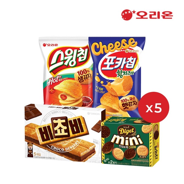 오리온 포카칩 황치즈 5개 + 스윙칩볶음고추장 5개 + 비쵸비5개 + 다이제미니초코 5개