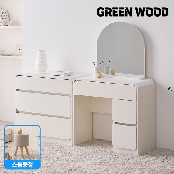 그린우드 화장대스툴 증정! / 메르 콘솔 거울 수납 서랍 라운드 콘센트 화장대 800 (거울 포함)
