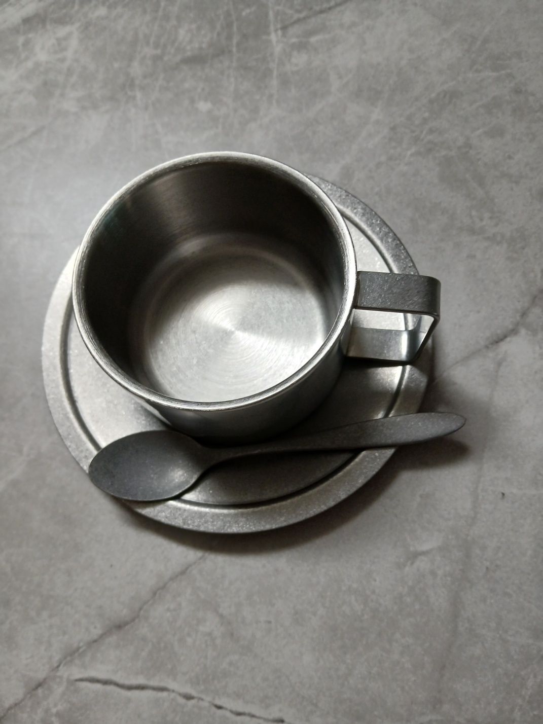 Agueda Vintage Stainless Steel Coffee Cup & Saucer Set – Square user photo