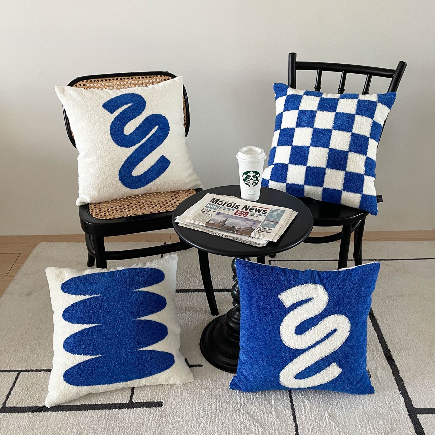Joo&Koo Home チェッカーボード刺繍 クッションカバー［4色］ ブルー