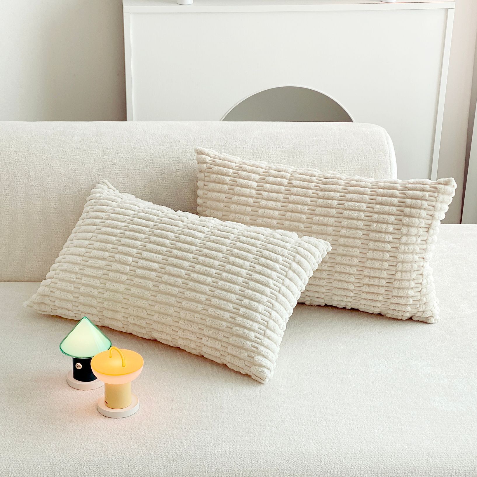 Arga 新品Hクッションカバー ベージュxホワイトまとめ2点 Hanini kitchen Cuddly cream クッションカバー 長方形［2色